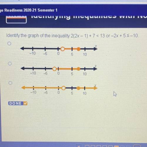 Identify the graph of the inequality 2(2x - 1) + 7 < 13 or -2x + 55-10.

--
5 10
-10
-5
0
+
-10