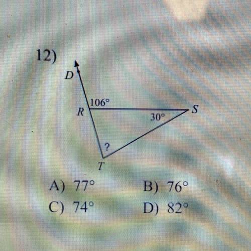 Find the measure of each angle indicated
A) 77°
C) 74°
B) 76°
D) 82°
