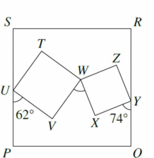 The diagram shows three squares, PQRS, TUVW and WXYZ.

Angles PUV and QYX are 
62∘ and 74∘ respect