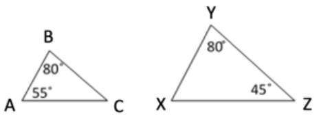 Determine whether or not the triangles are similar. If they are similar, identify the correct theor
