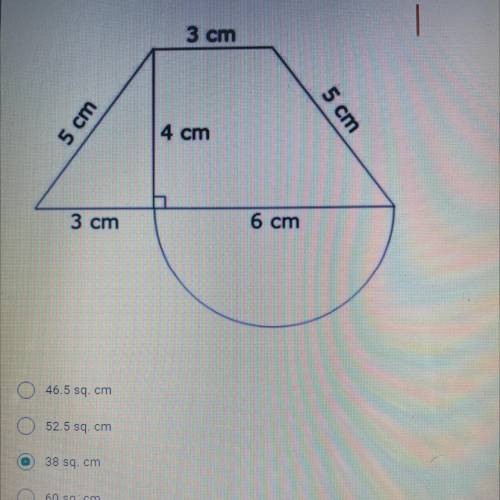 Find the total area of the shape below. Use 3 for pi. (Answers include: A=46.5 sq. cm, B=52.5 sq. c