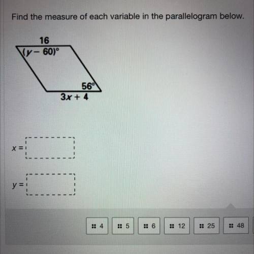 Fine the measure of each variable in the parallelogram please!?
