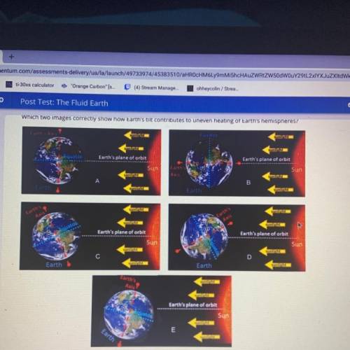 Which two images correctly show how Earth‘s tilt contributes to uneven heating of earths hemisphere