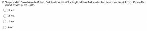 The perimeter of a rectangle is 42 feet. Find the dimensions if the length is fifteen feet shorter