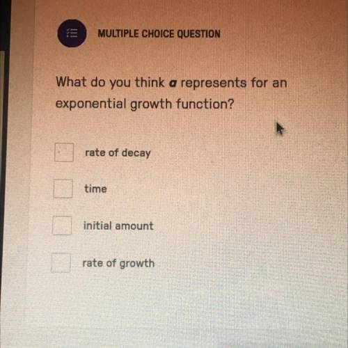 What does a represent in an exponential growth function

-rate of decay
-time
-initial amount
-rat