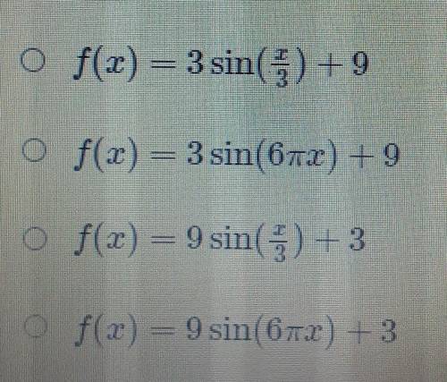 A sinusoidal function whose frequency is

maximum value is 12, minimum value is -6 has a y-interce