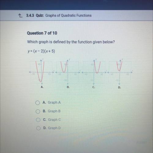 Question 7 of 10

Which graph is defined by the function given below?
y = (x - 2)(x+5)
10
10
10
10
