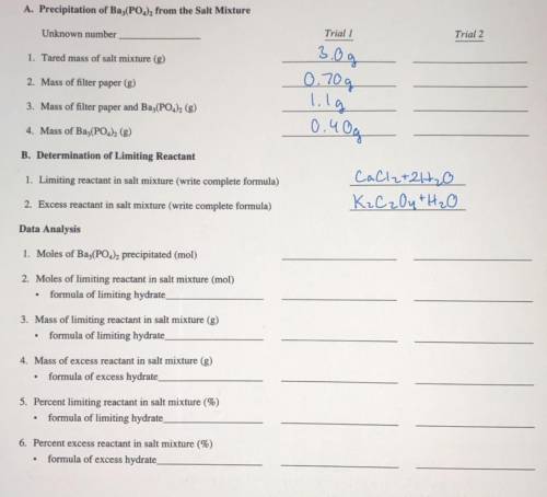 Please help me do my chem lab. Use the data from trial 1 to answer all the questions. Please show w