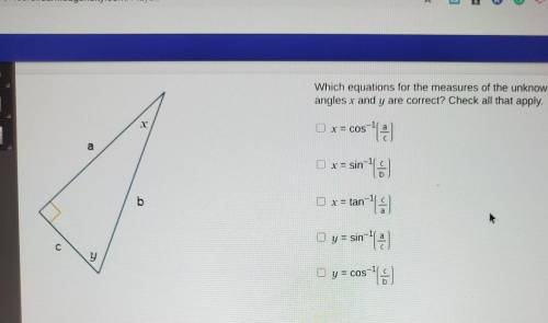 Which equations for the measures of the unknown angles x and y are correct? Check all that apply. (