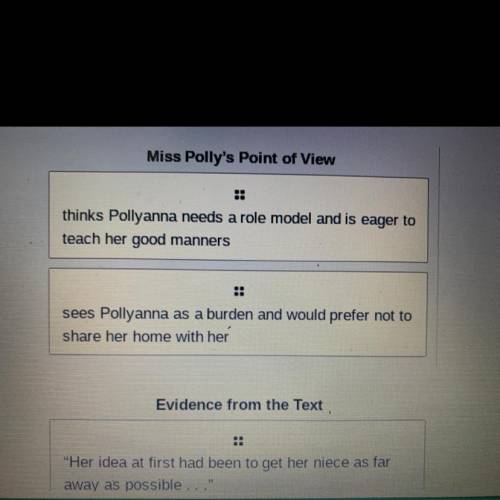 Drag one phrase to the first box to show Miss polly's point of view about pollyanna. Then drag one