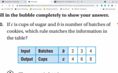 If c cups of sugar and b is the number of batches of cookies which rule matches in the table.

A.