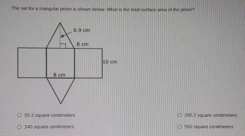 HELP ASAP PLEASE!

The net for a triangular prism is shown below. What is the total surface area o