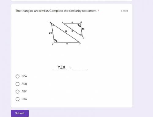 The triangles are similar. Complete the similarity statement