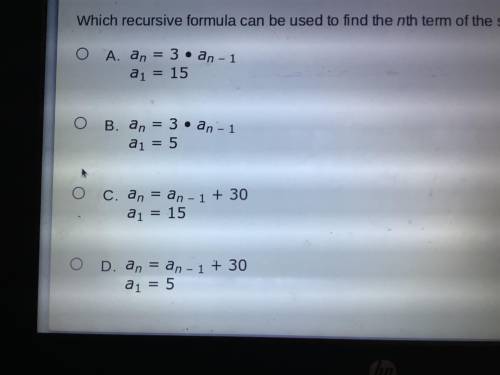 A sequence is shown. 15, 45, 135, 405 Which recursive formula can be used to find of the nth term o