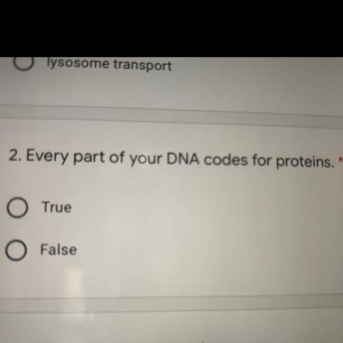 Every part of your DNA codes for proteins.
1. True
2. False