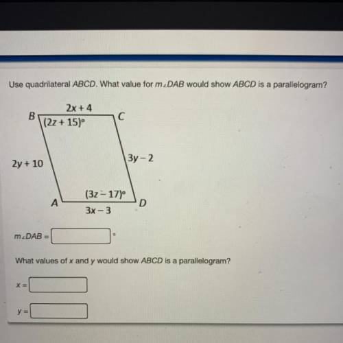 Use quadrilateral ABCD. What value for m DAB would show ABCD is a parallelogram?