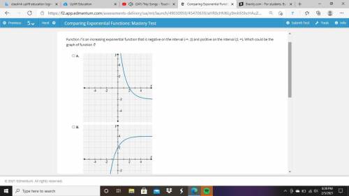 Function f is an increasing exponential function that is negative on the interval (-∞, 2) and posit
