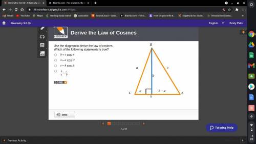 Use the diagram to derive the law of cosines.
Which of the following statements is true?