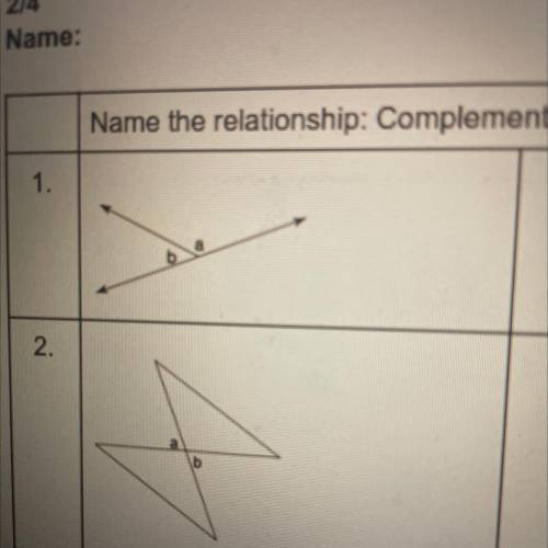 2. What is the relationship for angle a and b

Complementary, Supplementary, linear pair, or adjac