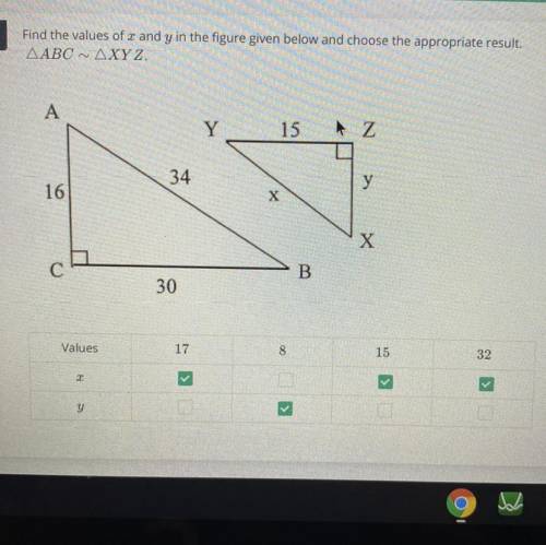 Find the values of and y the figure given below and choose the appropriate result ABC and XYZ