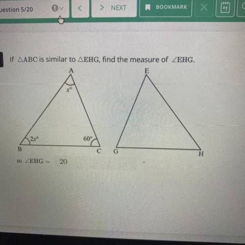 Triangle ABC is similar to triangle EHG , find the measure of angle EHG .