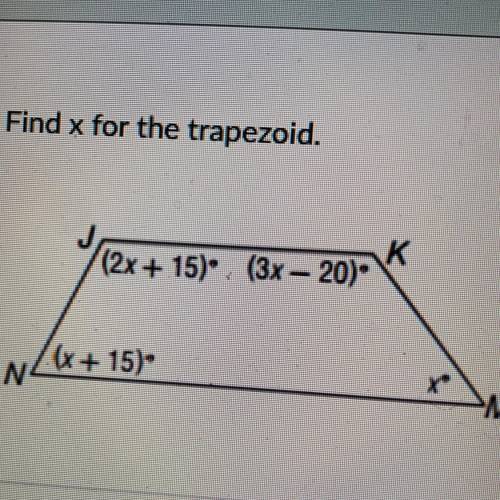 Find x for the trapezoid.
J
K
(2x+15).. (3x-20).
(x +15).
N4
M.