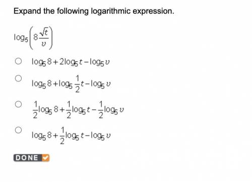 Expand the following logarithmic expression. log Subscript 5 Baseline (8 StartFraction StartRoot t