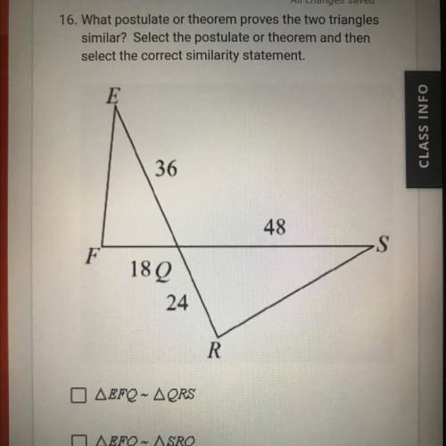 What postulate or theorem proves the two triangles

similar? Select the postulate or theorem and t