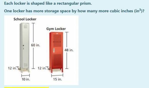 Each locker is shaped like a rectangular prism.

One locker has more storage space by how many mor