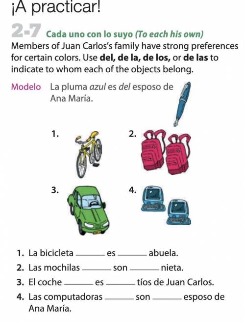 Members of Juan Carlos’s family have strong preferences for certain colors. Use del, de la, de los,