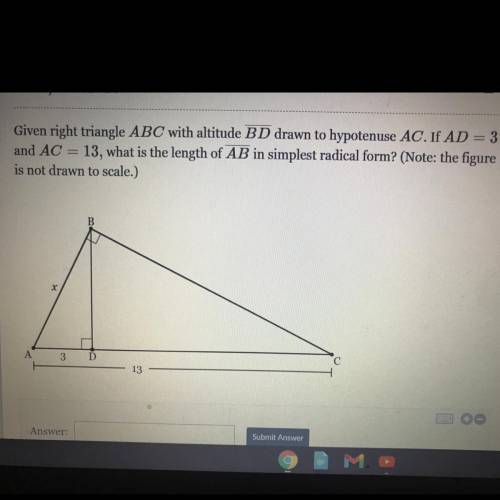 Given right triangle

A
B
C
ABC with altitude 
B
D
‾
BD
drawn to hypotenuse 
A
C
AC. If 
A
D
=
3
A