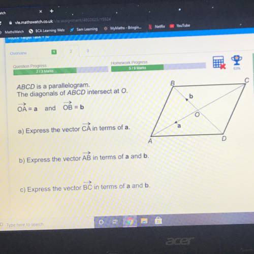 ABCD is a parallelogram.

The diagonals of ABCD intersect at O.
OA = a and OB = b
b
b
a) Express t