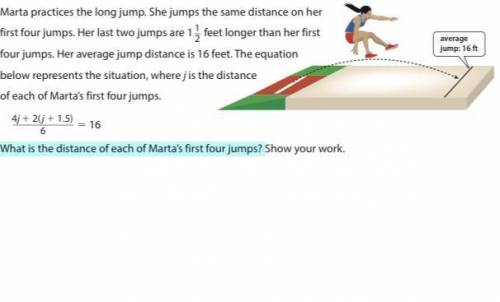 Marta practices the long jump. She jumps the same distance on her

first four jumps. Her last two