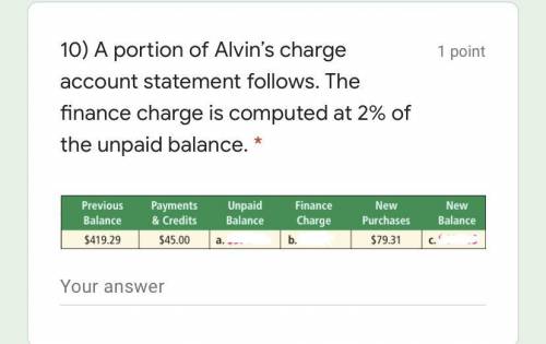 A portion of Alvin’s charge account statement follows. The finance charge is computed at 2% of the