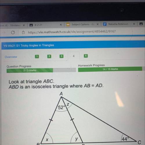 Look at triangle ABC.

ABD is an isosceles triangle where AB = AD
Work out the sizes of angles x y