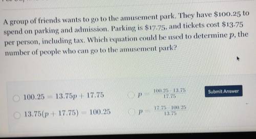 *which equation could be used to determine p, the number of people who can go to the amusement park