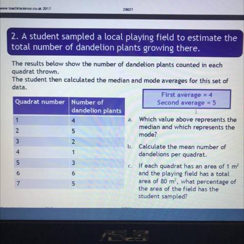 Maths in science

A student sampled a local playing field to estimate the total number of dandelio