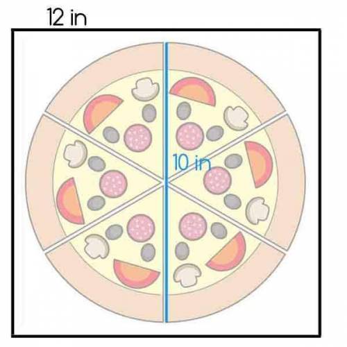 The diagram below shows a circular pizza with a diameter of 10 inches. The pizza is in a square box
