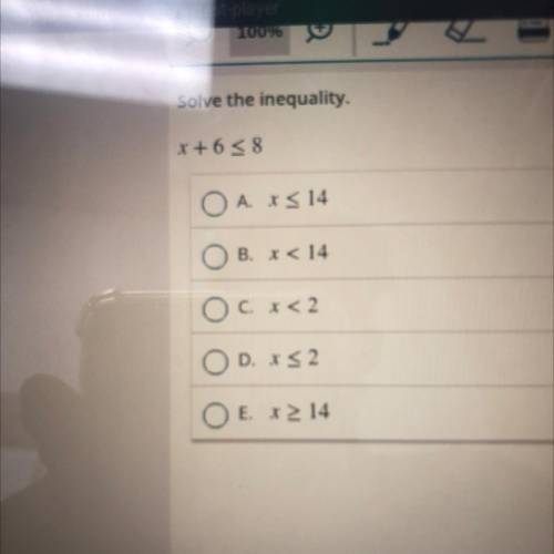 Solve the inequality.
X+6 < 8
