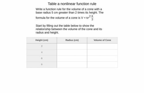 Write a function rule for the volume of a cone with a base radius 5 cm greater than 2 times its hei