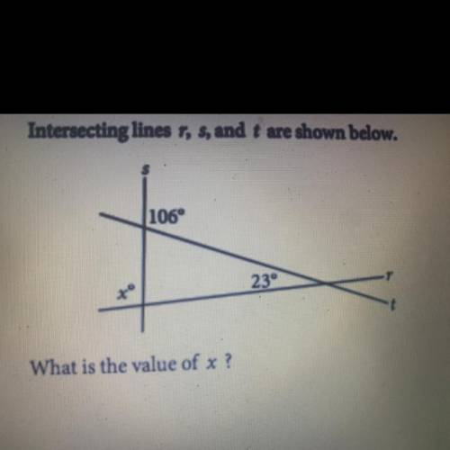 Intersecting lines r, s, and t are shown below.
106°
23°
+
What is the value of x