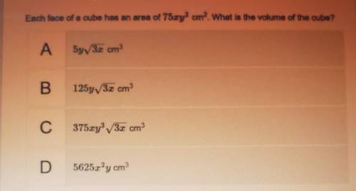 Each face of a cube has an area of 75xy^2 cm^2. what is the volume of the cube