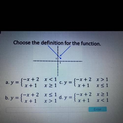 Choose the definition for the function.

5-x+ 2 x < 1
a. y =
x + 1 x > 1
{*+2
c. y
r-x+ 2 x'