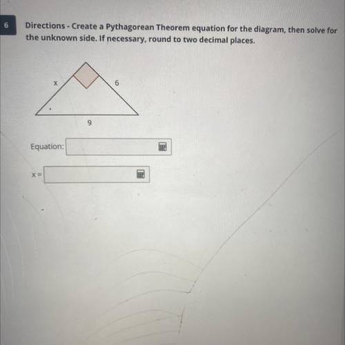 I NEED HELP ASAPPPPP 6

Directions - Create a Pythagorean Theorem equation for the diagram, then s