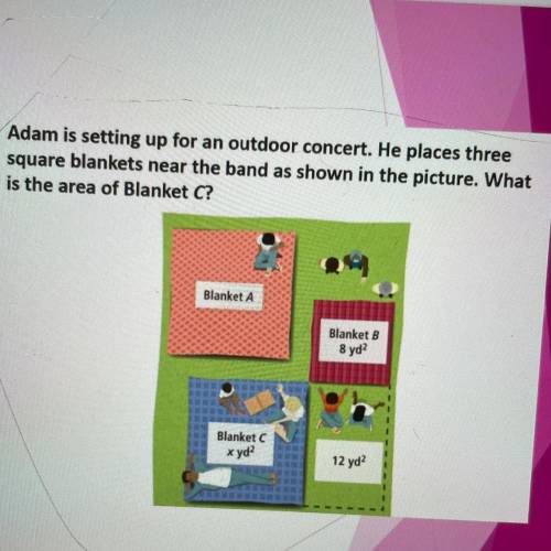 Adam is setting up for an outdoor concert. He places three

square blankets near the band as shown
