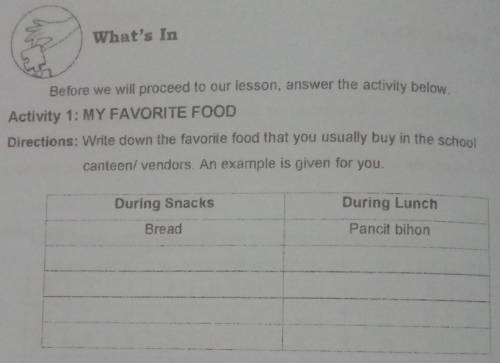 Before we will proceed to our lesson, answer the activity below.

Activity 1: MY FAVORITE FOODDire