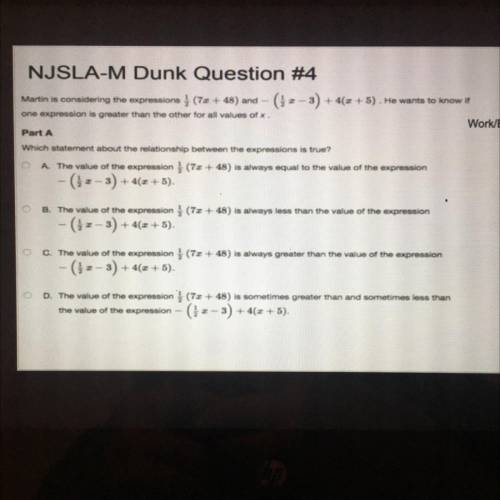 NEED ASAP!! NJSLA-M Dunk Question #4

Martin is considering the expressions (72 + 48) and - (1 --