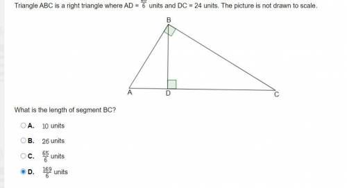 Triangle ABC is a right triangle where AD = units and DC = 24 units. The picture is not drawn to sc