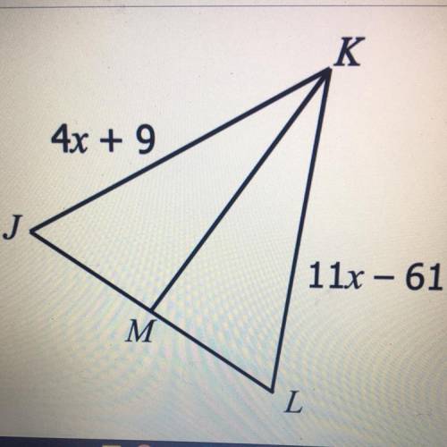 If KM is the perpendicular bisector of JL, find x? 
Pls HELP PLS PLS