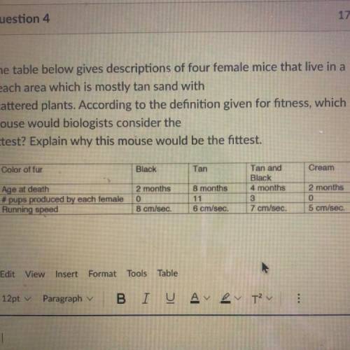 The table below gives descriptions of four female mice that live in a

 
beach area which is mostly